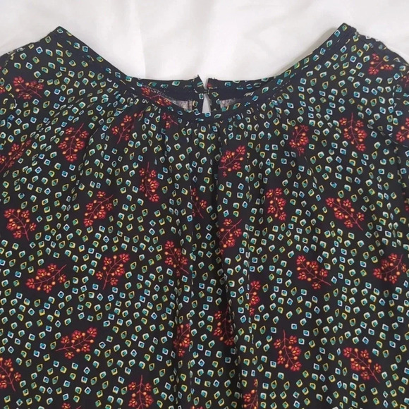 Loft Floral Lace Trim Smocked Cuff Blouse, Color Black/Turquoise/Red Size SP - Picture 6 of 15